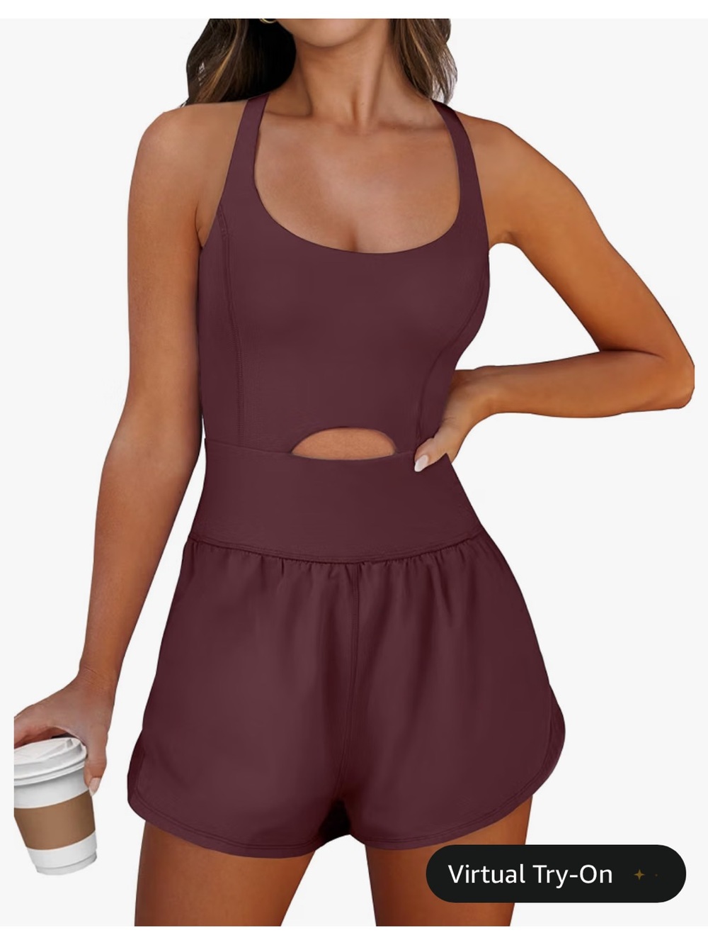 Caracilia Brown - ish Maroon Scoop Neck Cutout Romper athletic XS